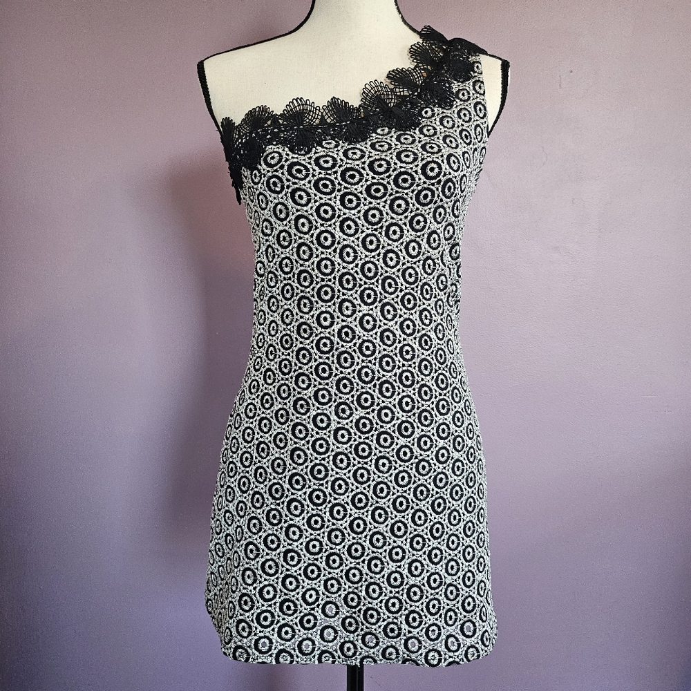 One-Shoulder Black & White Mini Dress with Lace Trim